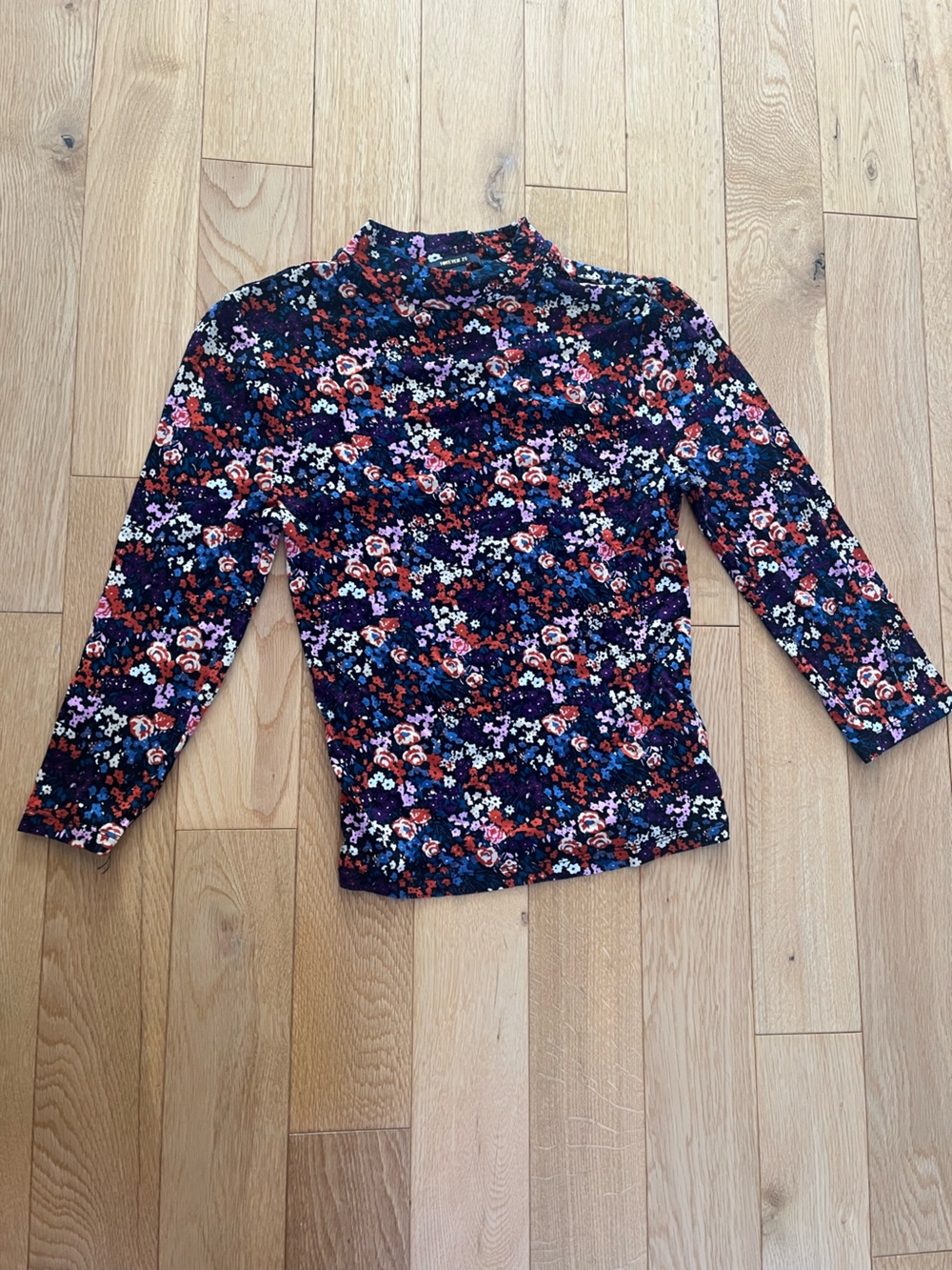 Forever 21 Women’s Mock Turtleneck, Long Sleeved, Black Floral Shirt Size Small